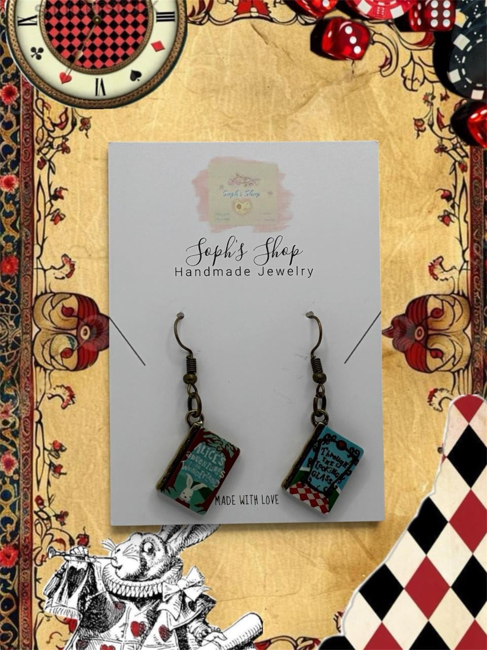 Alice in Wonderland book earrings